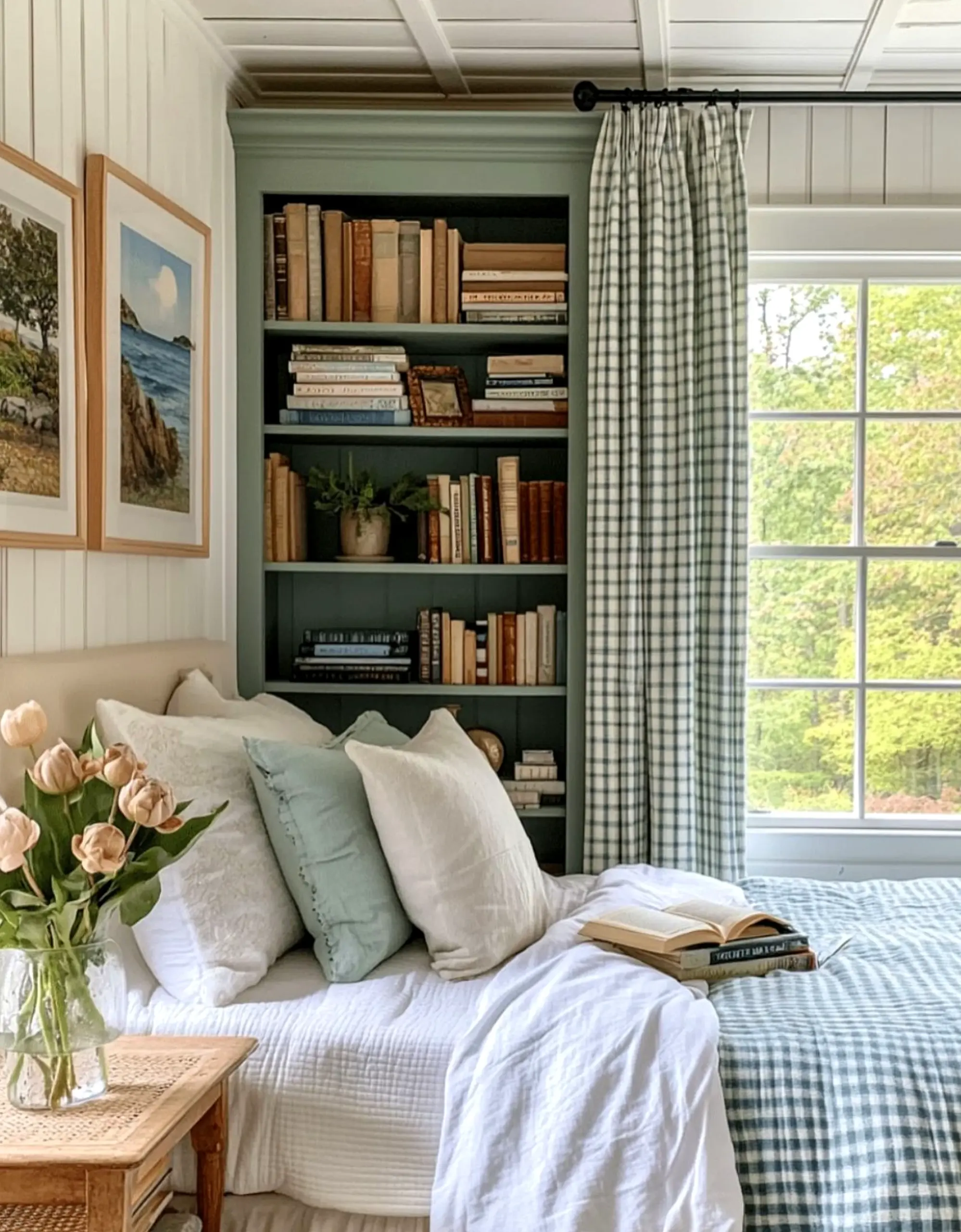 Simple wood shelving anchors the view with contrast, giving the view a mood that feels warm without clutter.