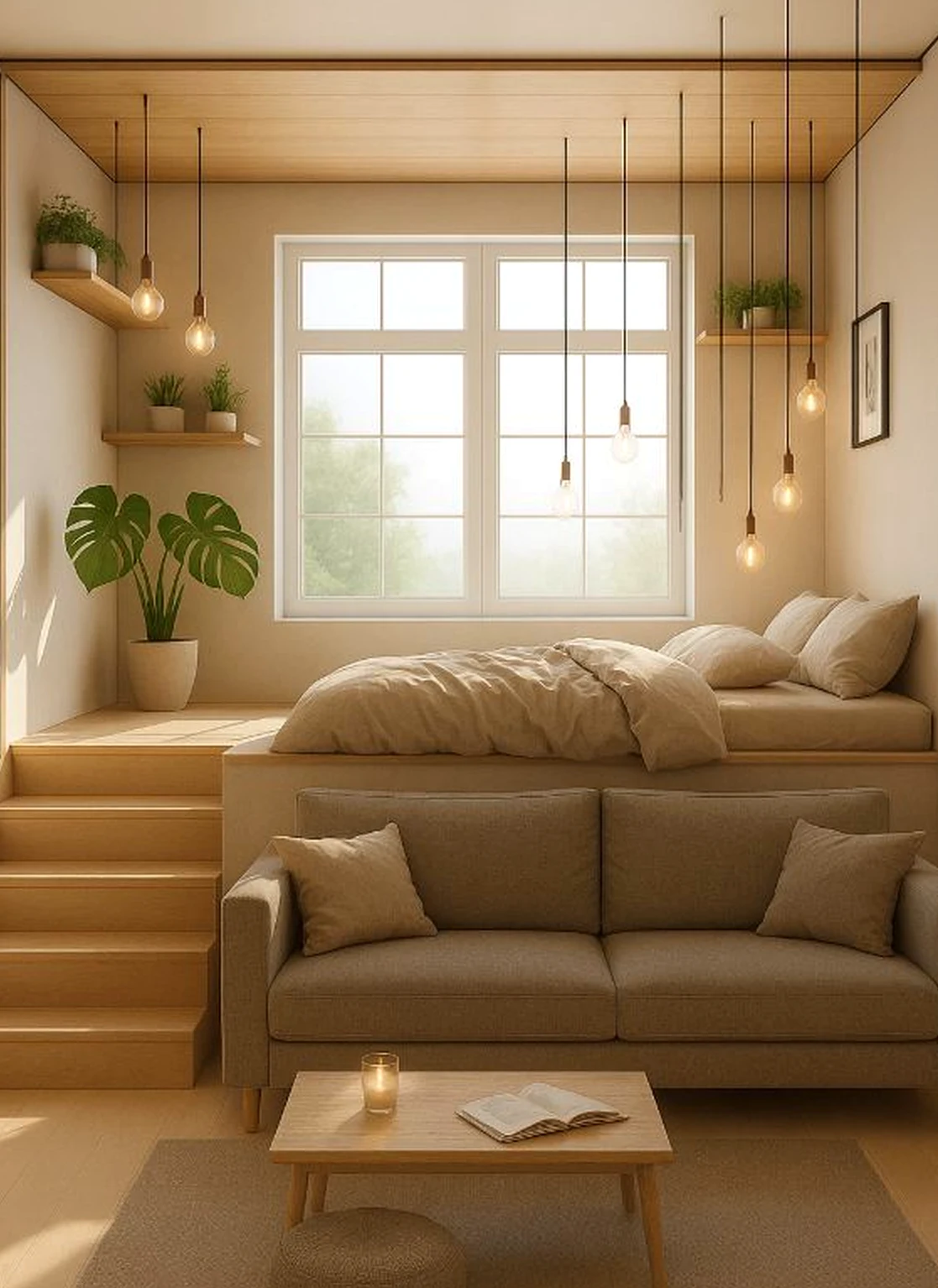 Airy wood shelving adds a clear layer of shape, helping the wall feel ready for quiet use.
