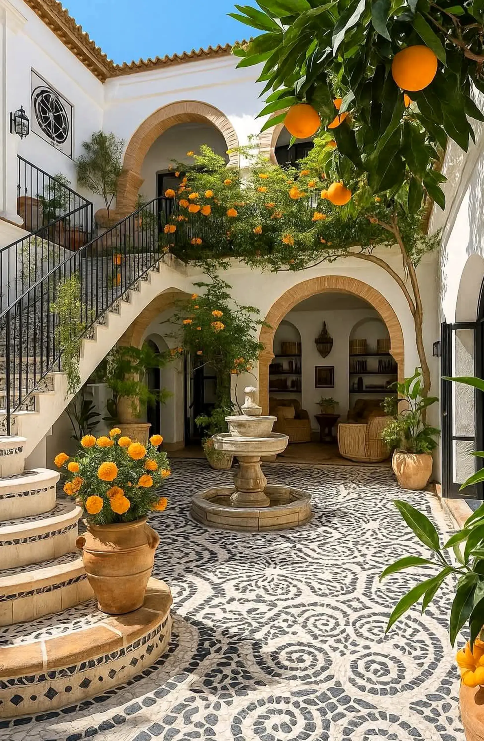 Calm stone terrace frames the design with focus, making the scene feel easy to enjoy.