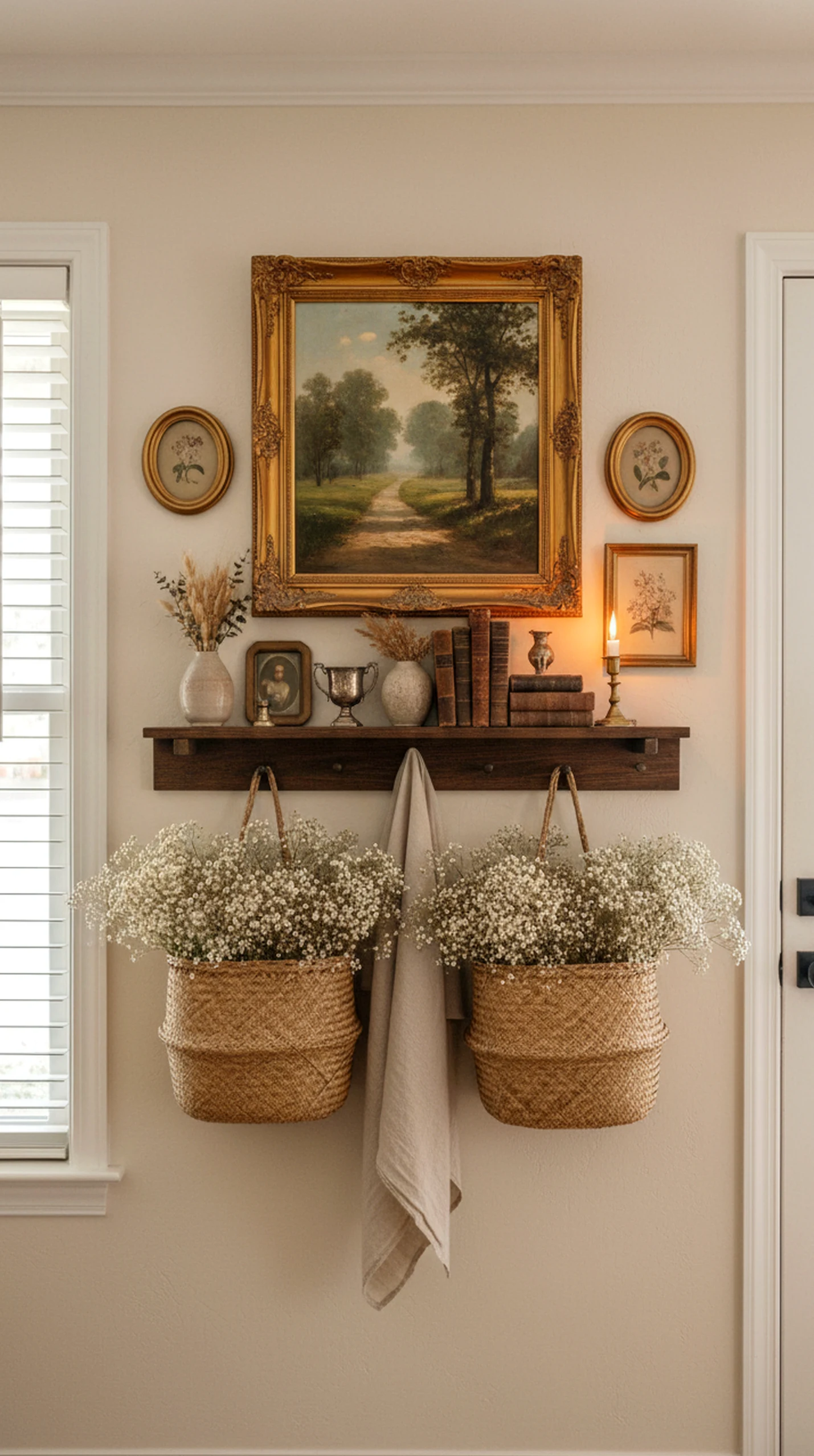 Earthy vase display gives the entry more light, so the whole view feels bright but not busy.