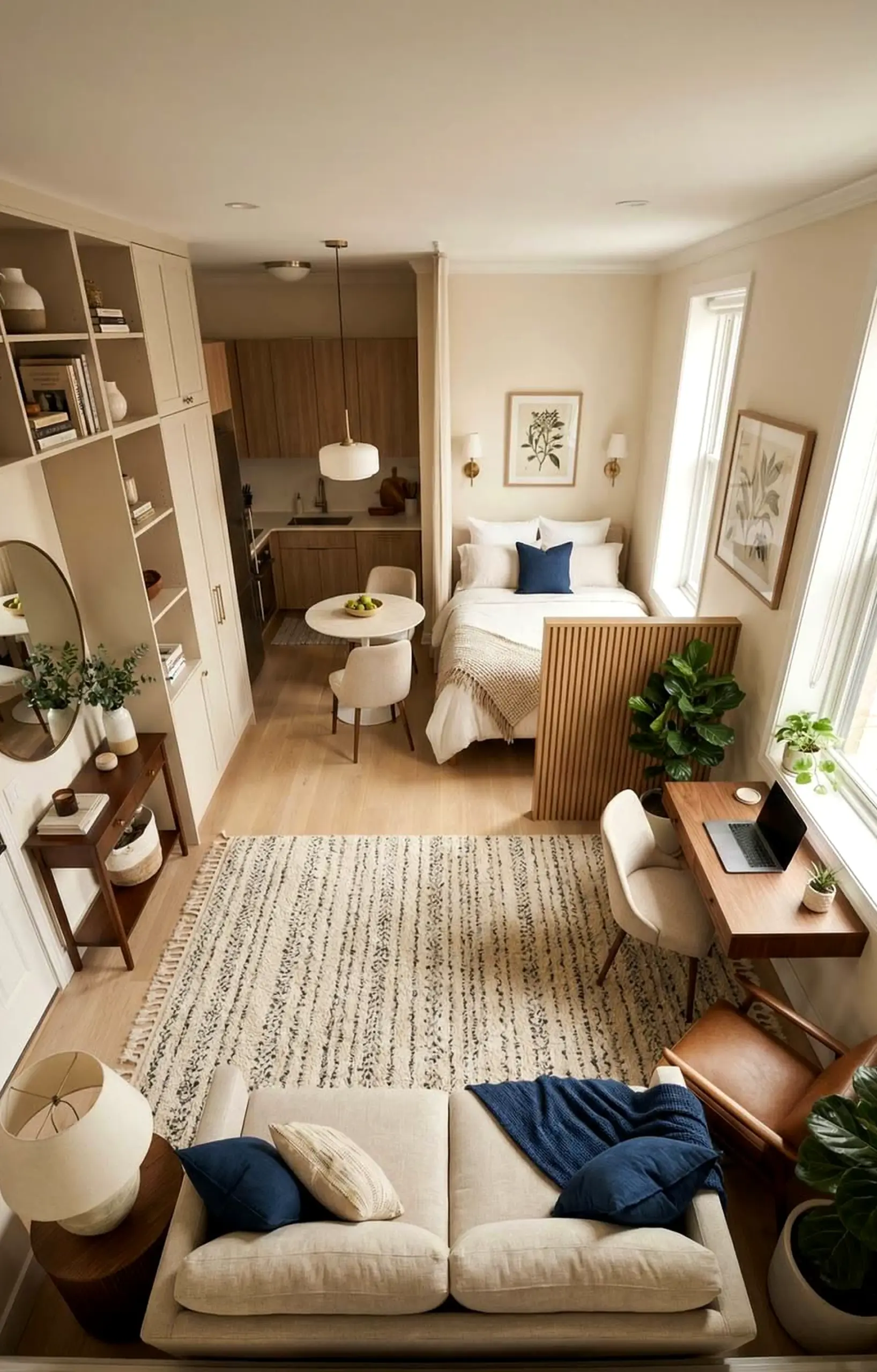 Earthy greenhouse corner frames the room with warmth, making the scene feel bright but not busy.