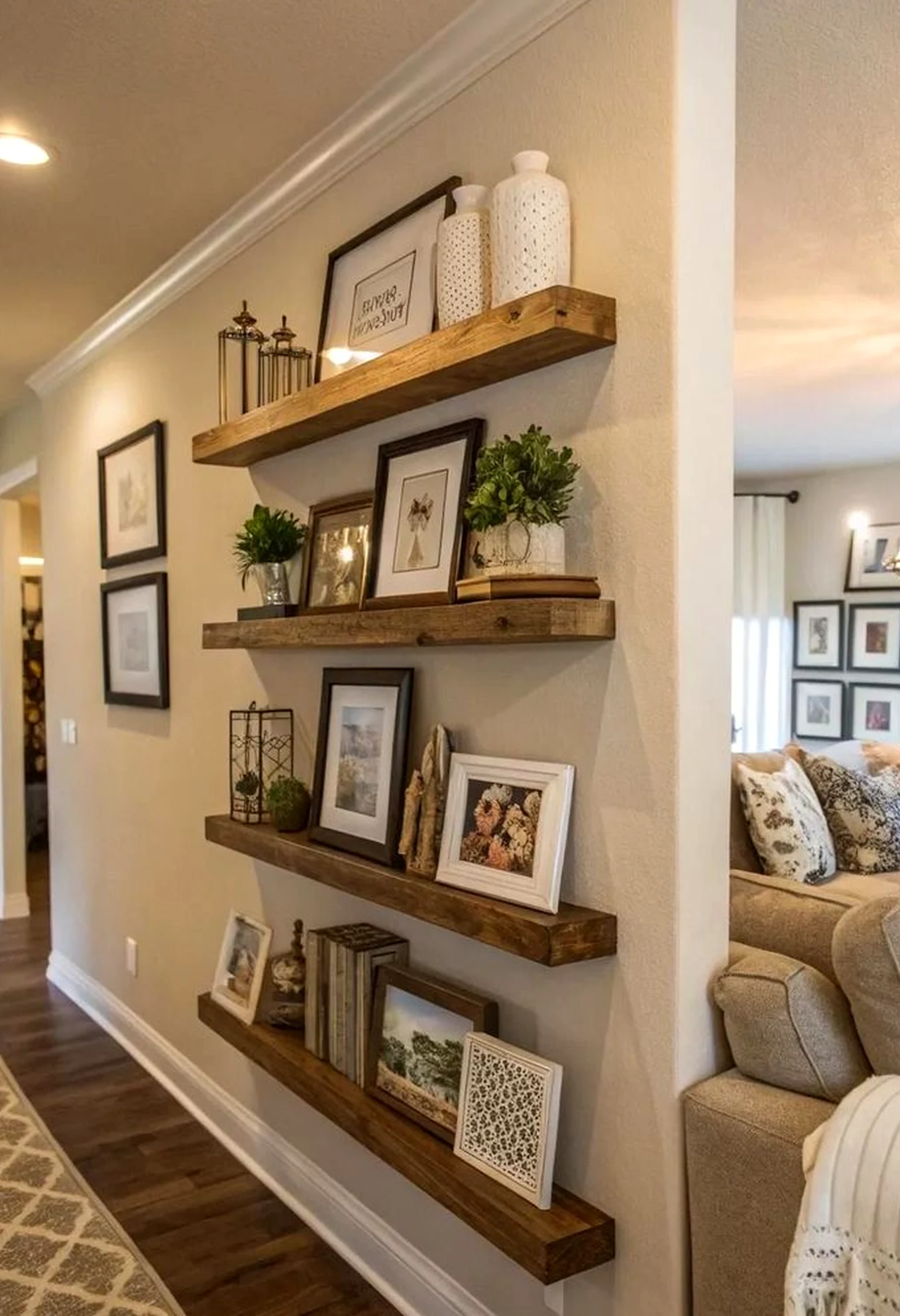 Sculptural tile detail adds order across the composition, giving the decor a finish that feels warm without clutter.