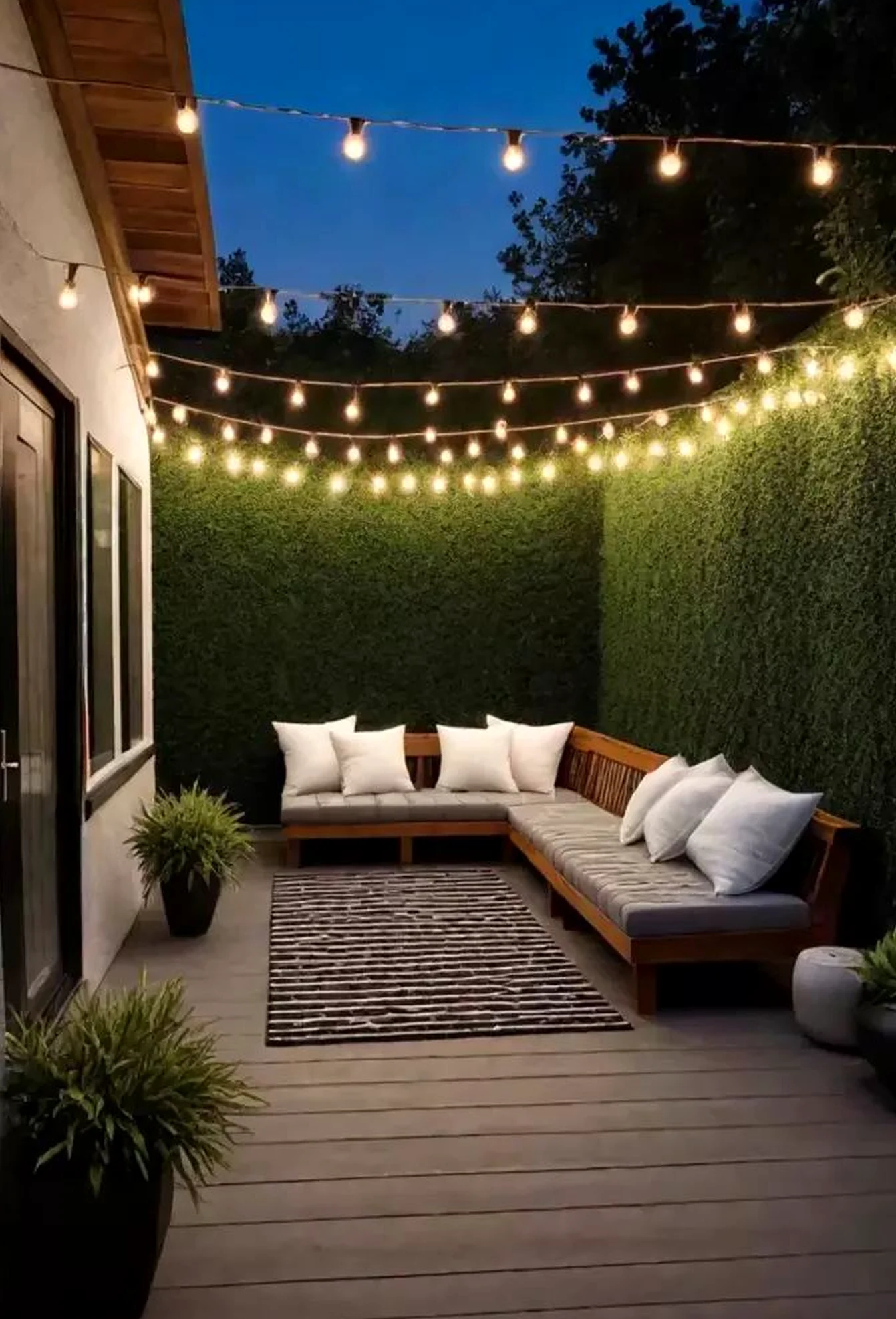 Airy wooden deck draws attention to ease while the setting stays warm without clutter.