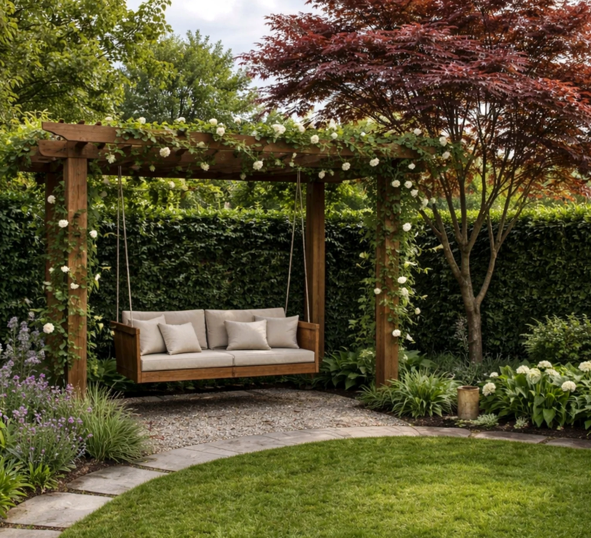 Sunny porch bench supports the outdoor space through ease, leaving the space feeling clear and inviting.