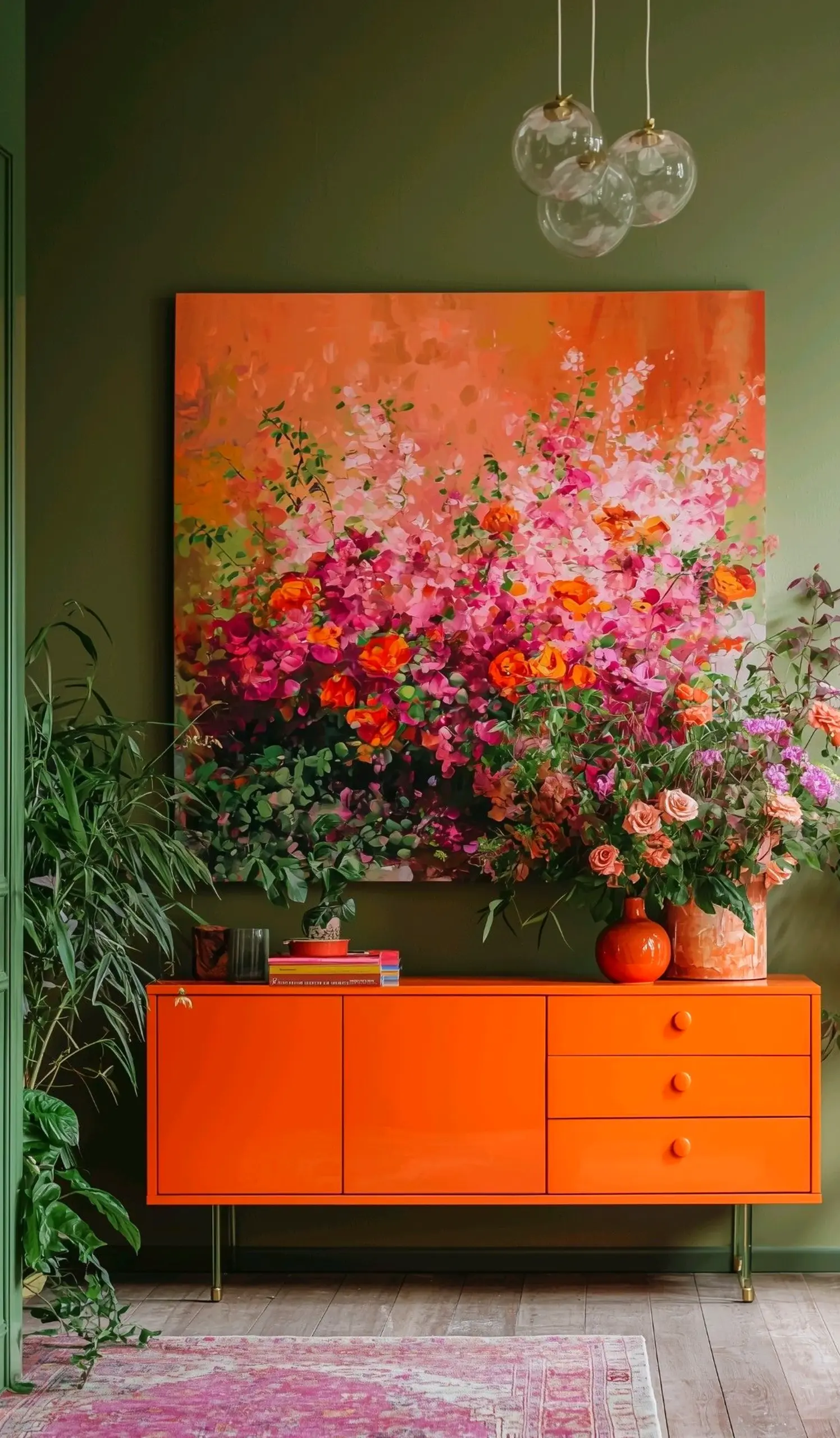 Layered plant shelf gives the room more depth, so the whole view feels soft at the edges.
