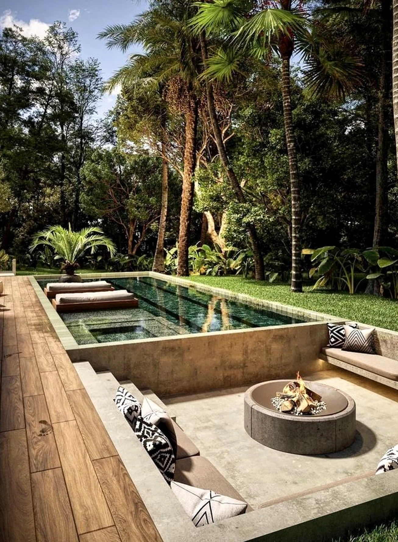 Soft garden seating frames the sitting area with character, making the scene feel easy to enjoy.