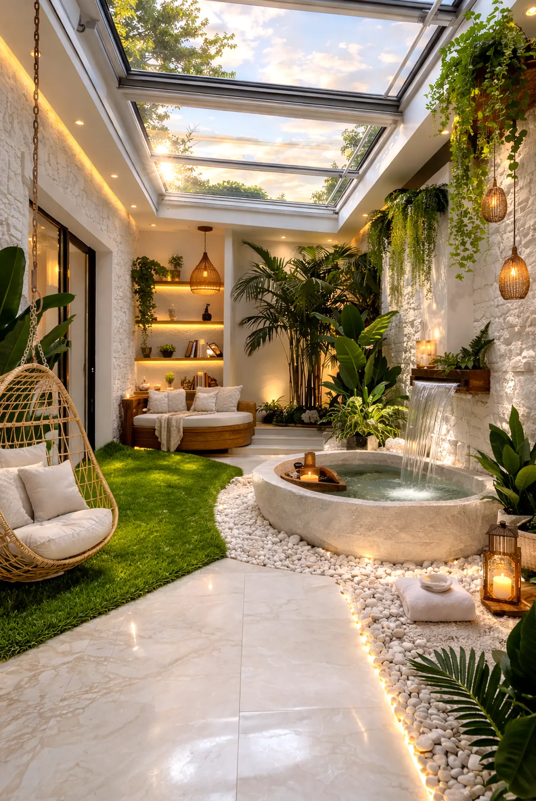Textured fireplace area brings order to the garden edge, creating a mood that feels settled and welcoming.