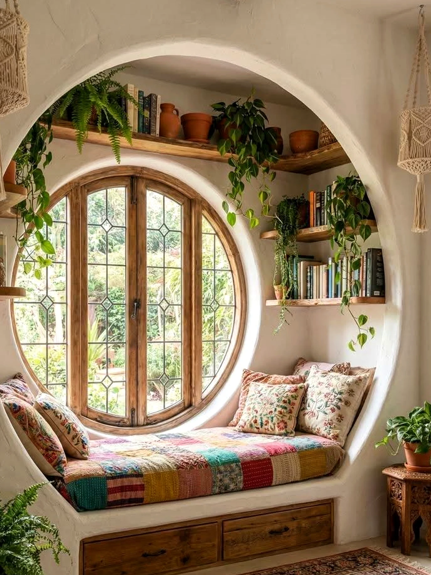 Colorful fireplace area brings character to the room, creating a mood that feels soft at the edges.