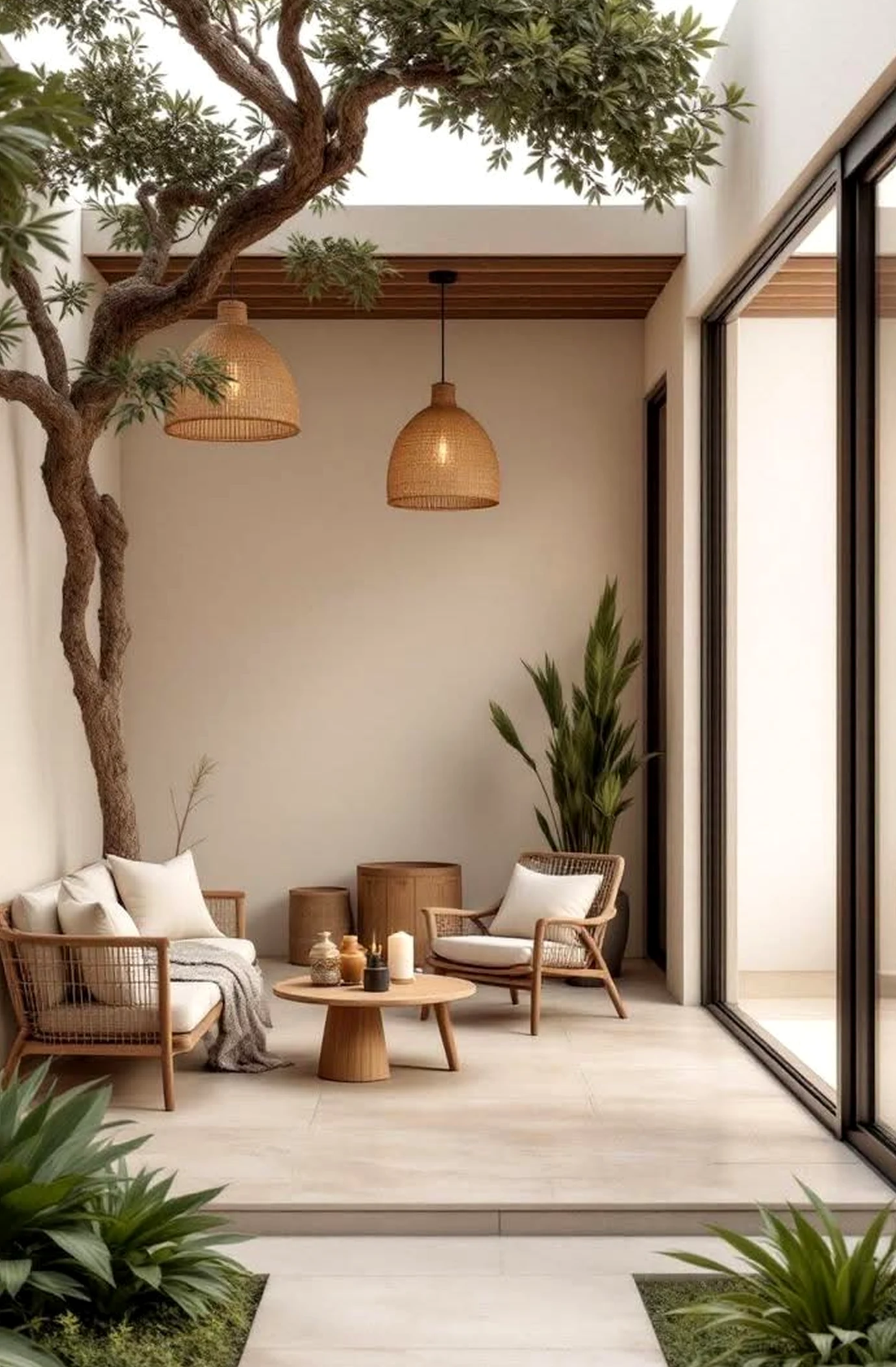 Quiet kitchen nook draws attention to shape while the garden edge stays warm without clutter.