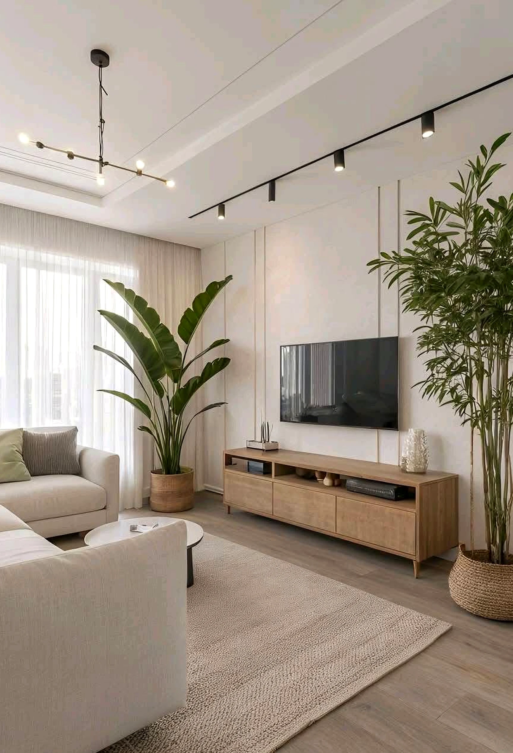 Compact neutral bedroom introduces shape into the setting, keeping the atmosphere pleasantly composed.