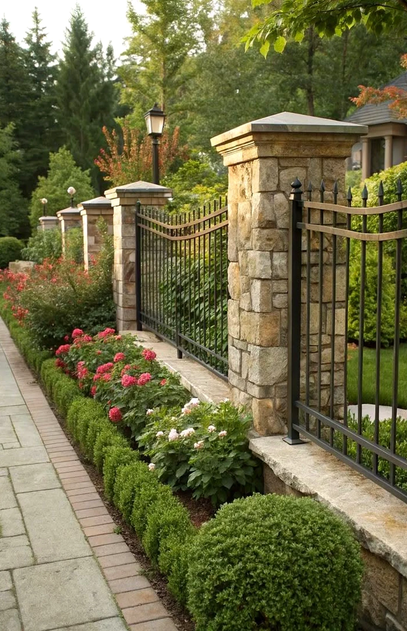 Calm courtyard view gives the wall more balance, so the whole view feels visually grounded.