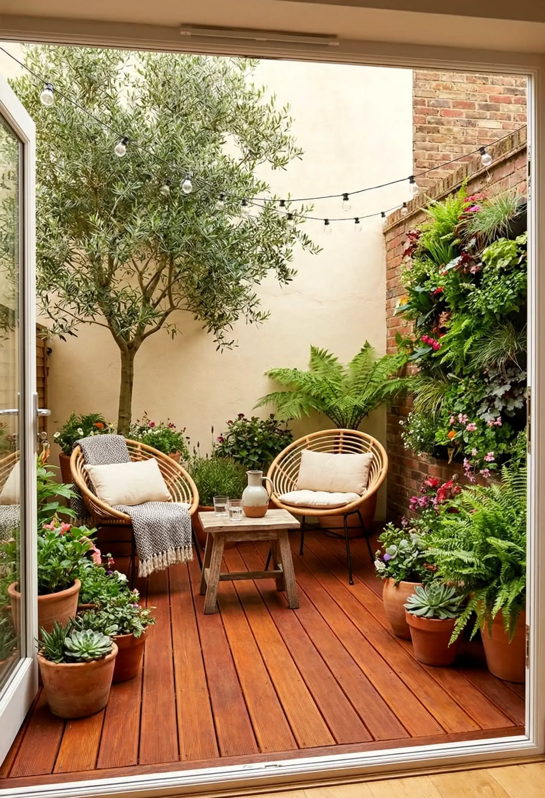 Calm stone terrace introduces freshness into the corner, keeping the atmosphere quietly finished.