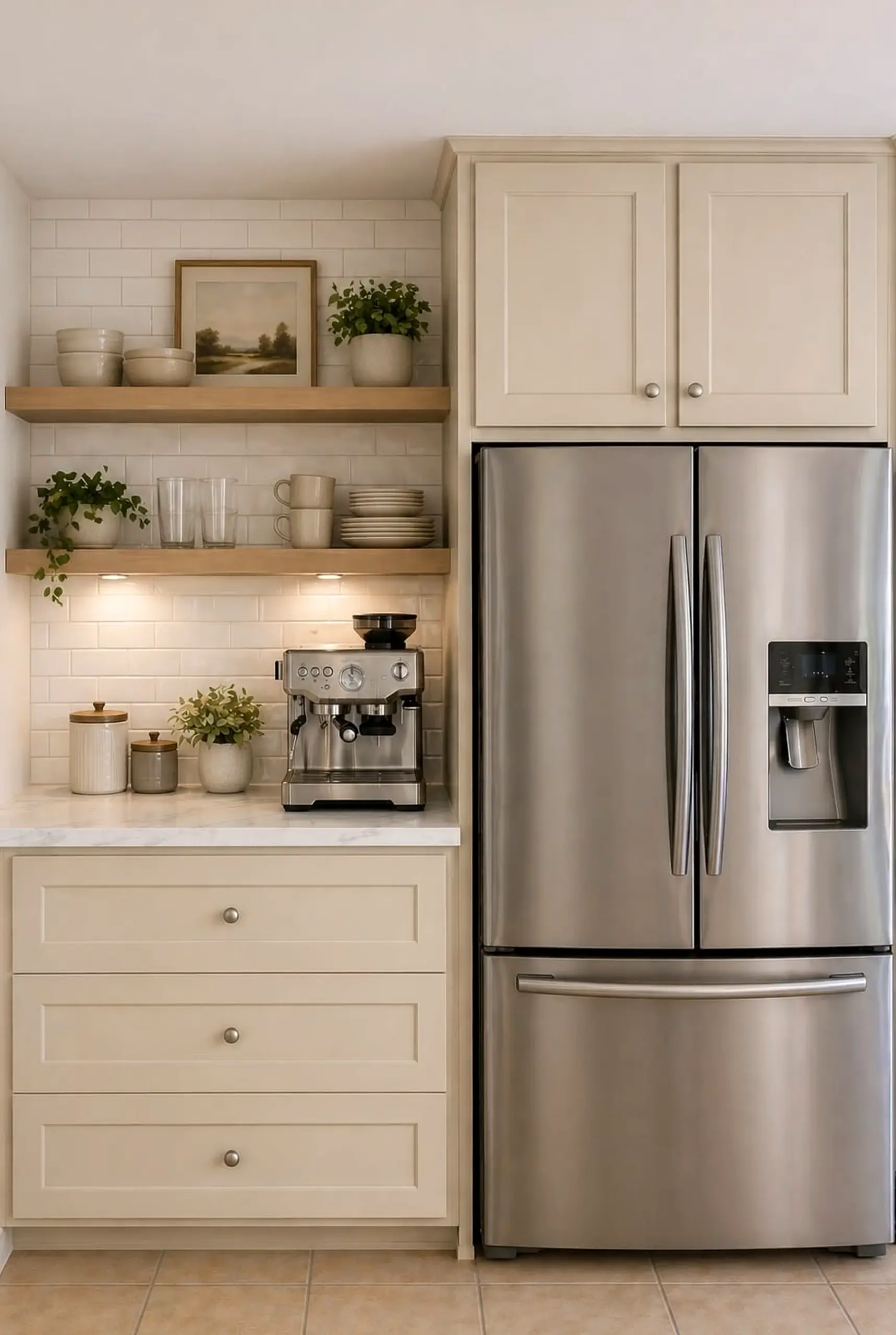 Polished cabinet wall adds warmth across the wall, giving the decor a finish that feels bright but not busy.