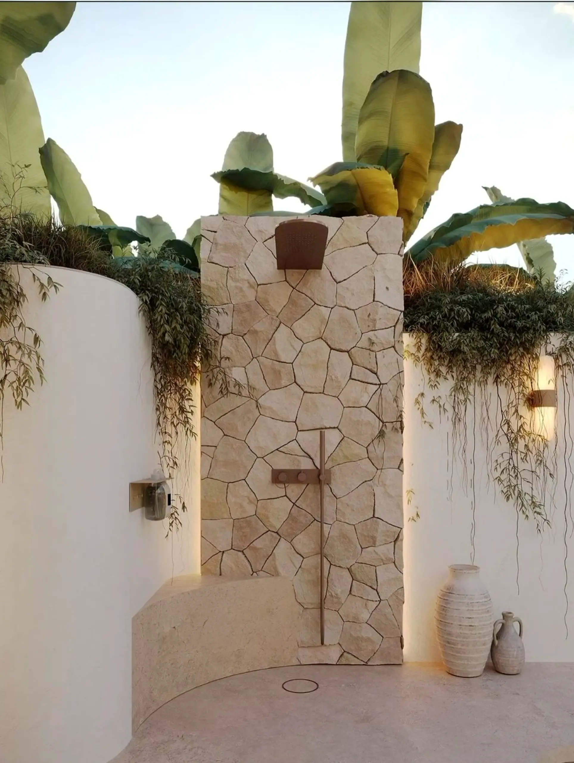 Crisp cabinet wall frames the outdoor space with character, making the scene feel comfortable in daily use.