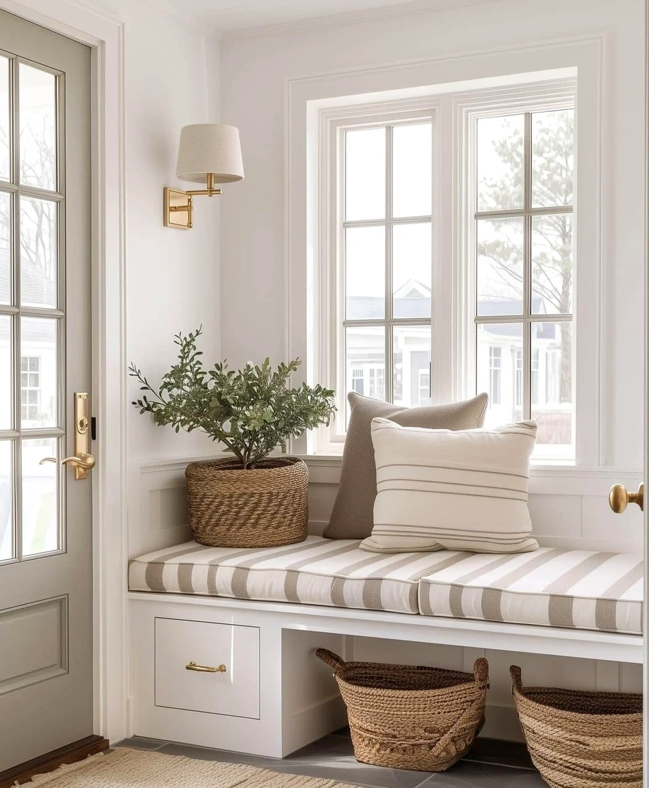 Luminous entry console draws attention to ease while the wall stays warm without clutter.
