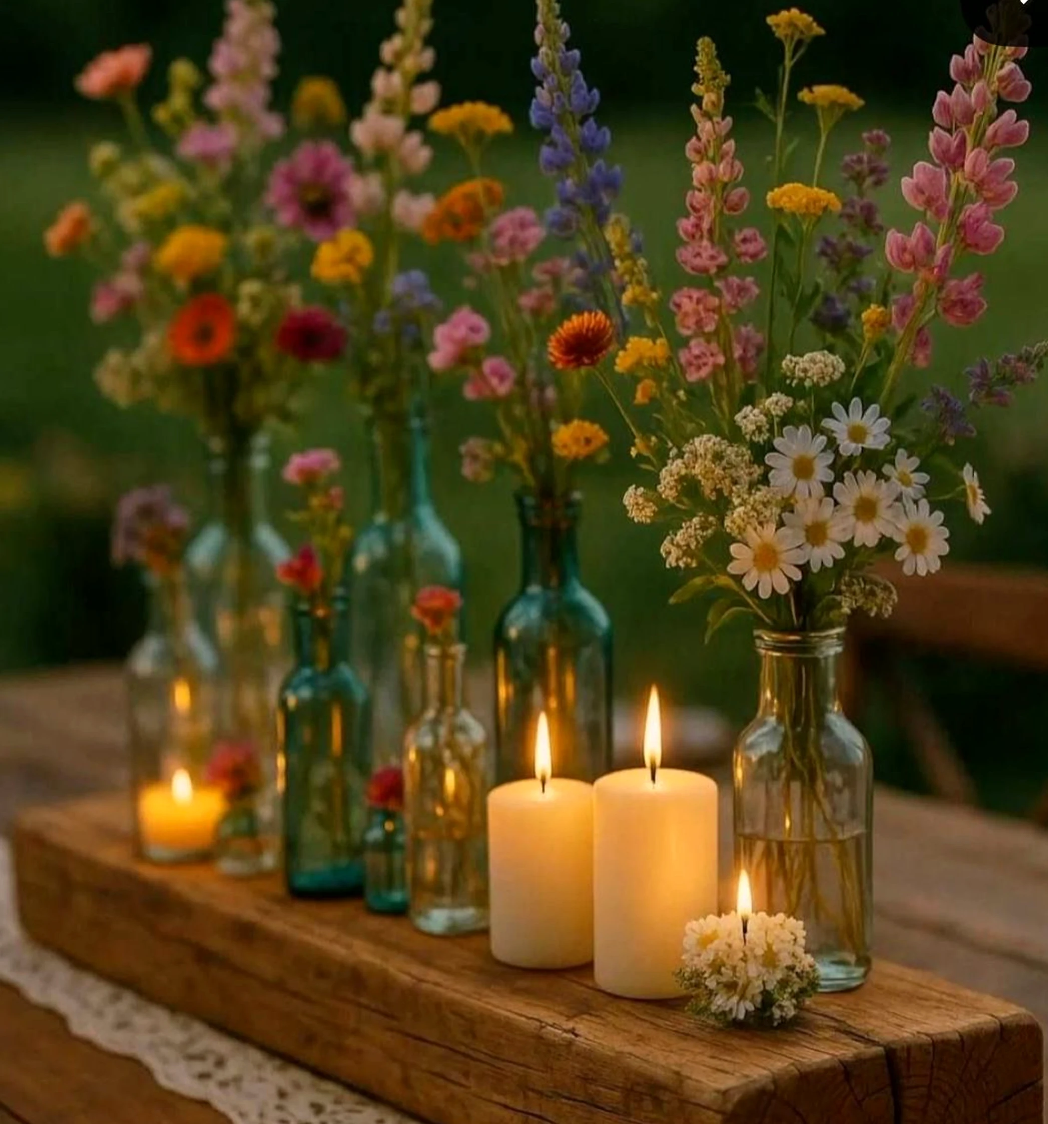 Graceful flower arrangement frames the view with depth, making the scene feel warm without clutter.