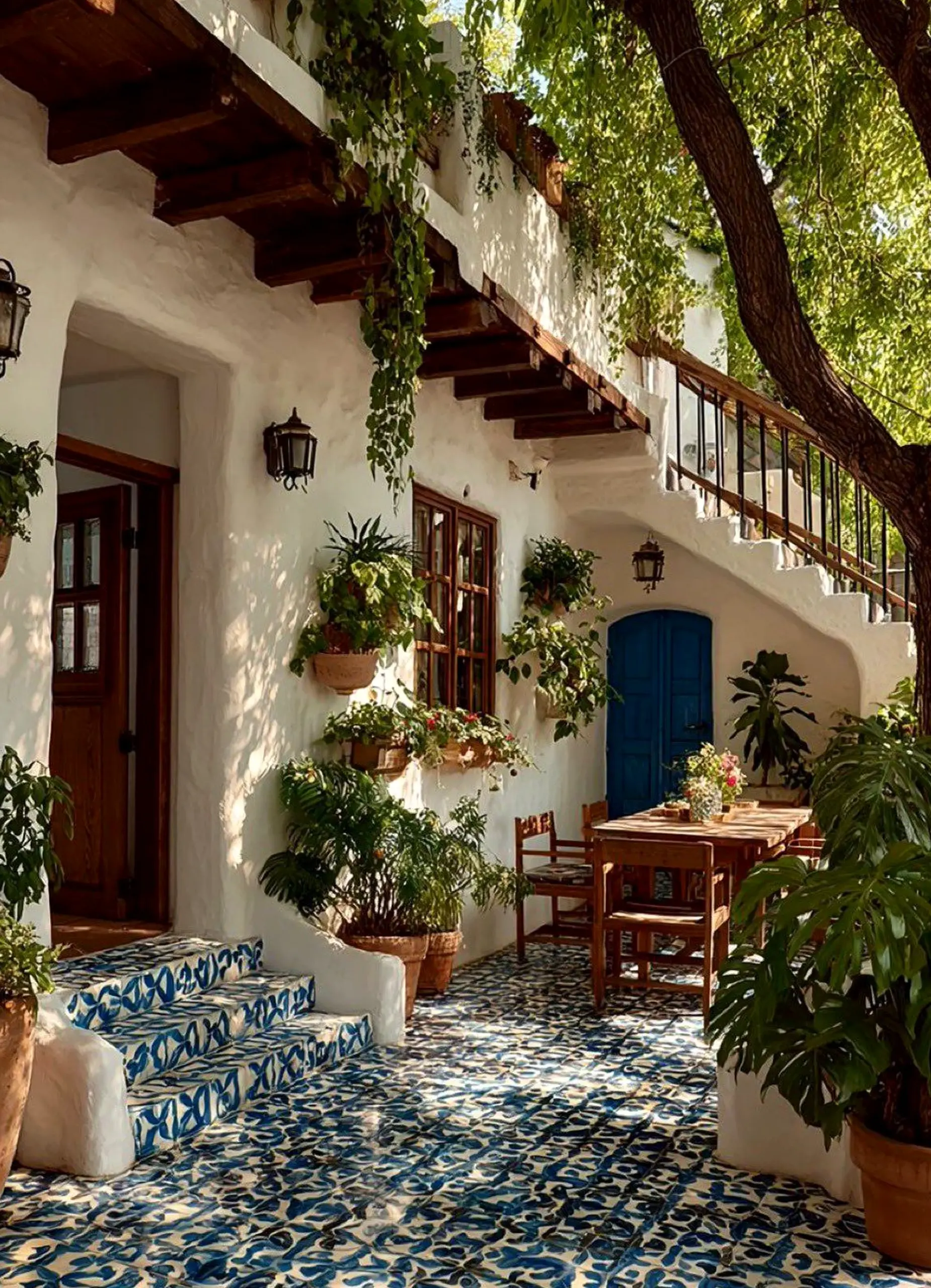 Refined stone terrace frames the composition with freshness, making the scene feel settled and welcoming.