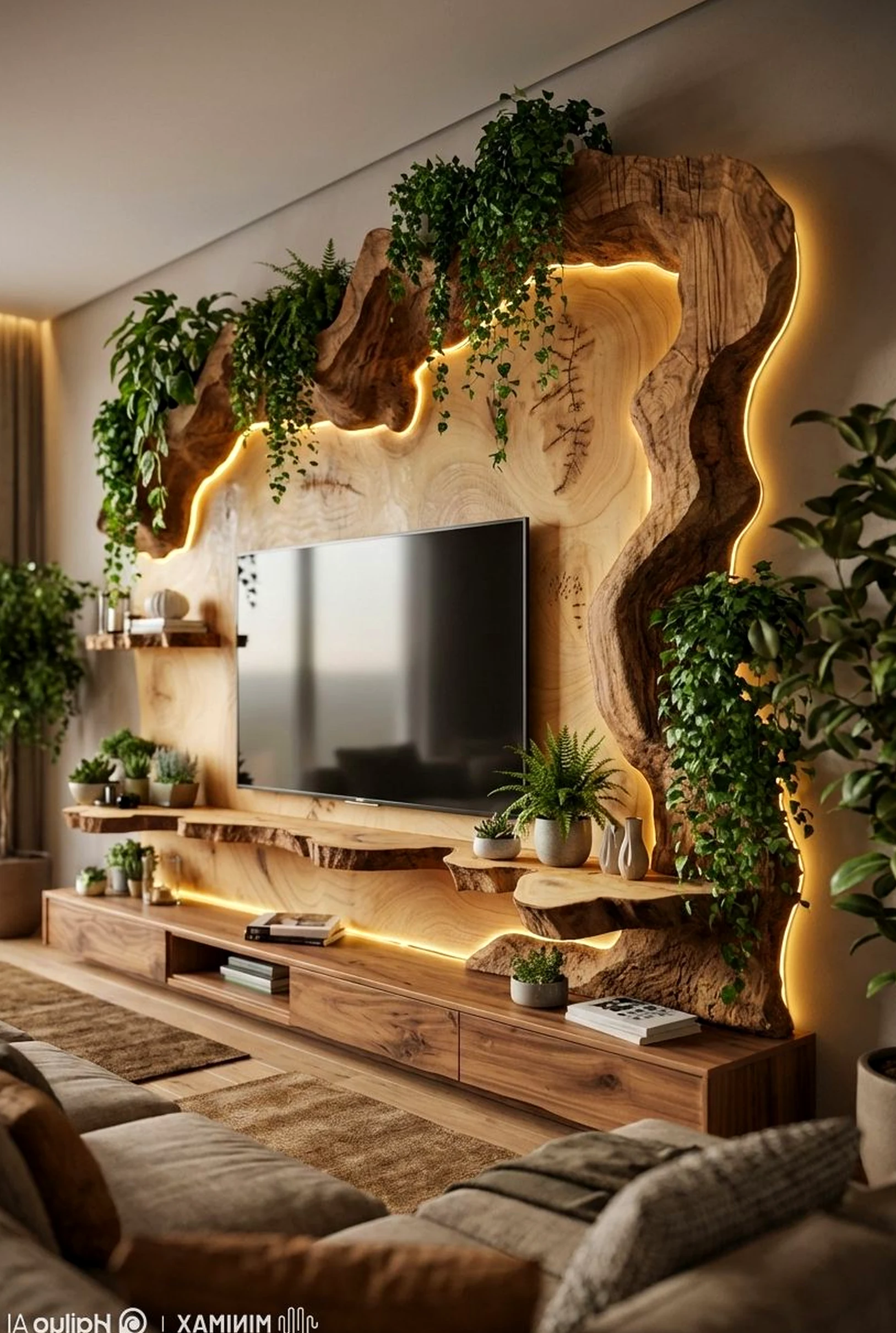 Sunny entry console draws attention to light while the garden edge stays visually grounded.