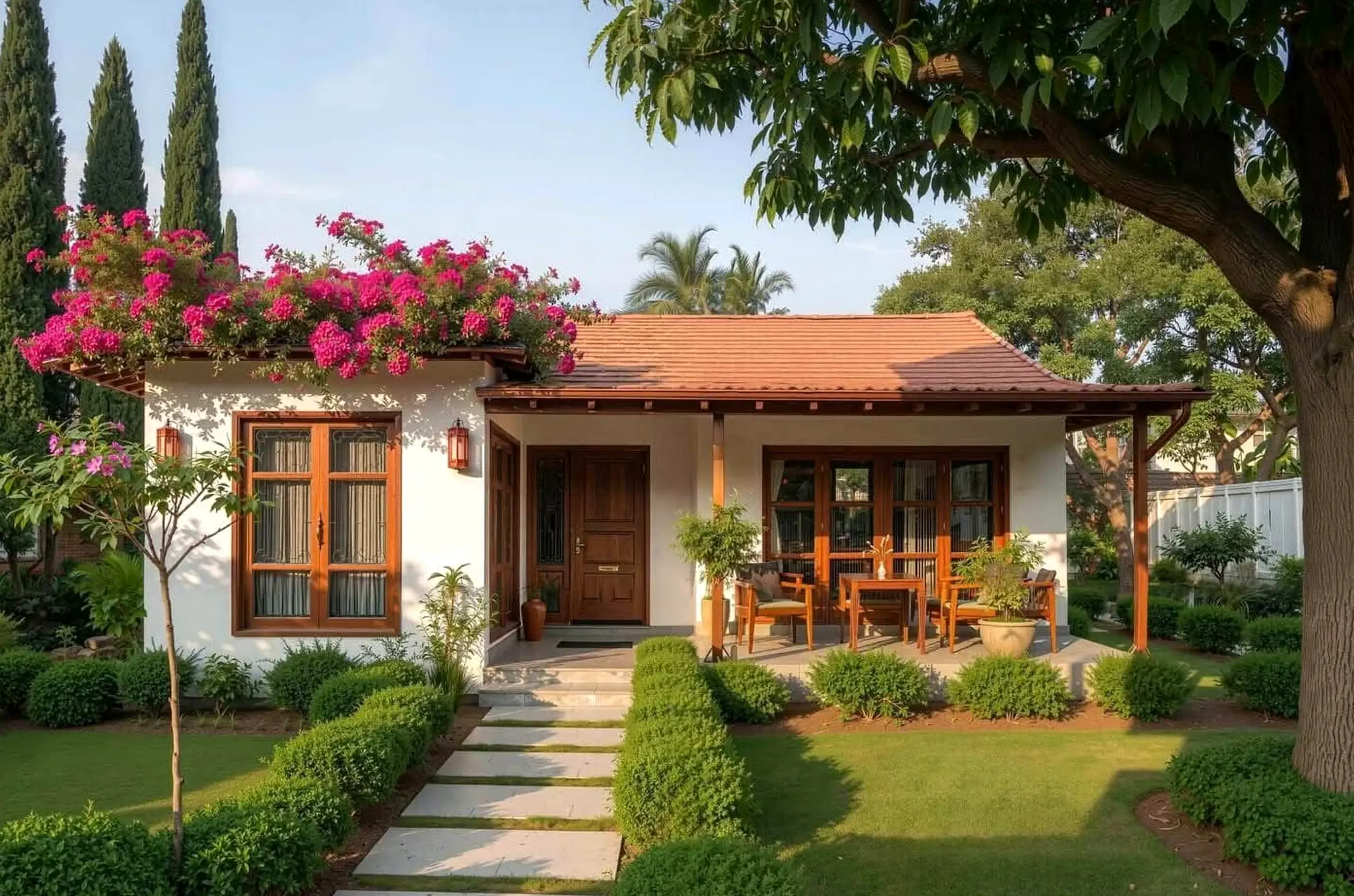 Polished wall niche adds detail across the garden edge, giving the decor a finish that feels fresh and intentional.