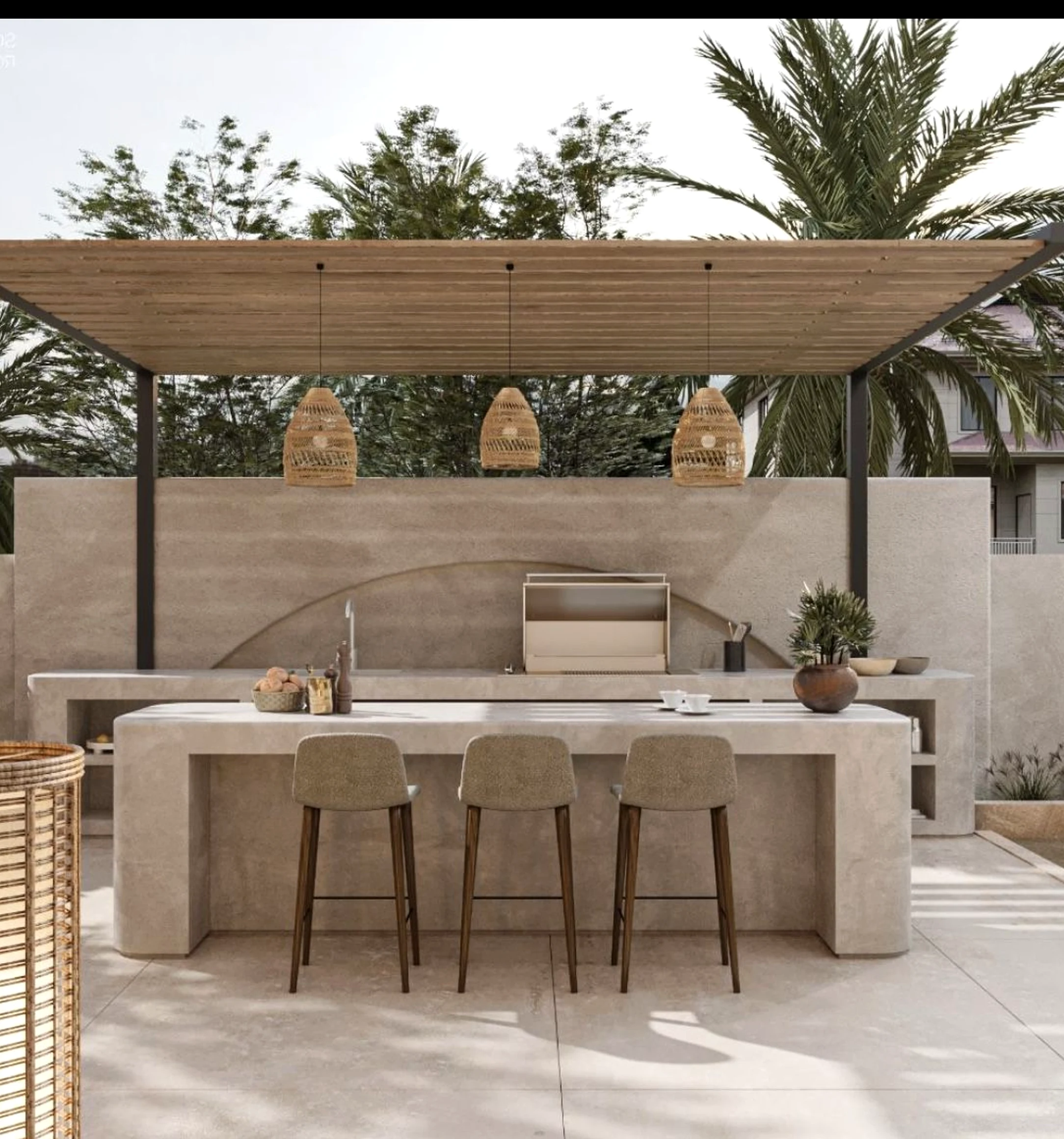 Luminous poolside setting draws attention to charm while the corner stays settled and welcoming.
