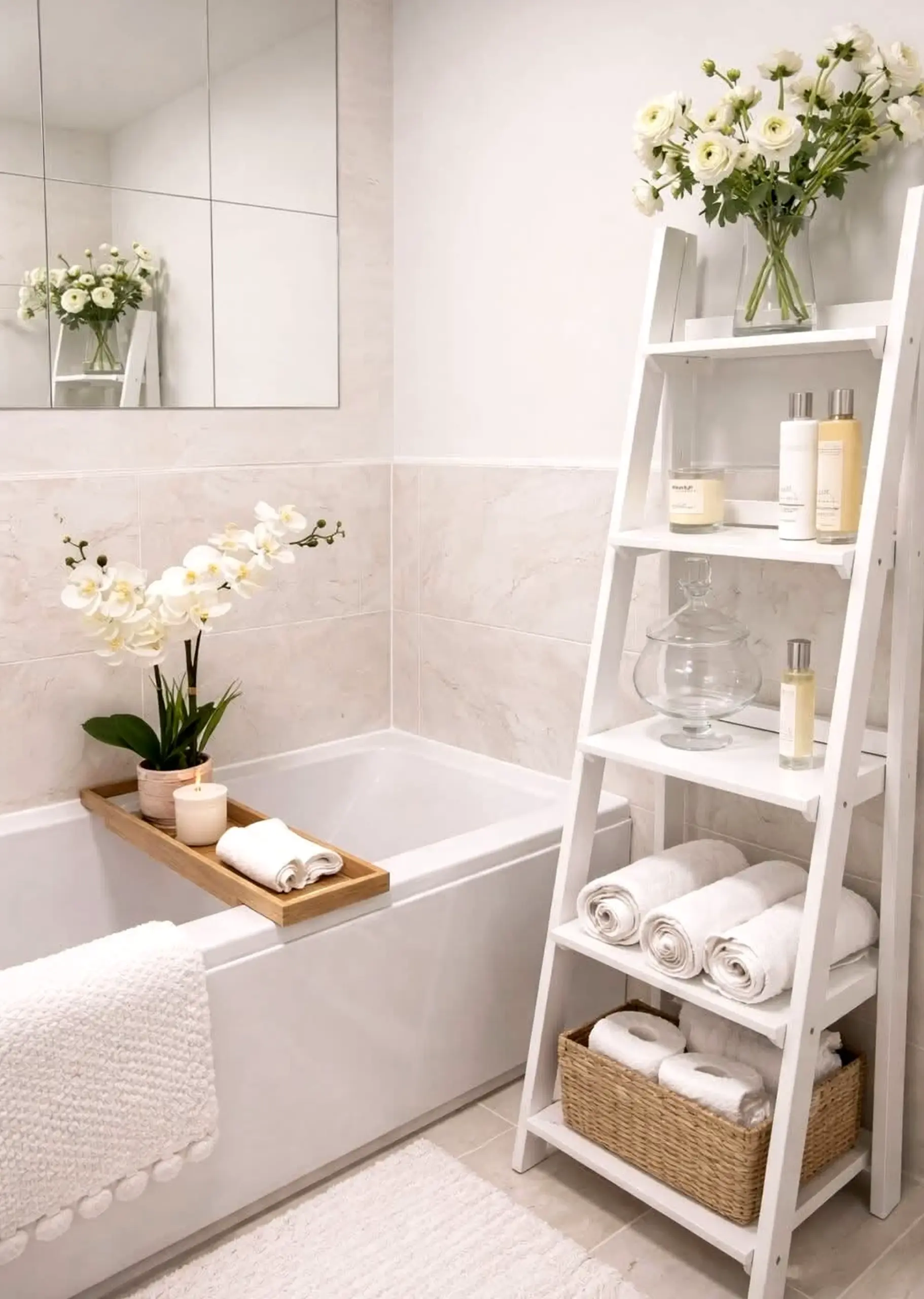 Calm bathroom vanity frames the composition with freshness, making the scene feel visually grounded.